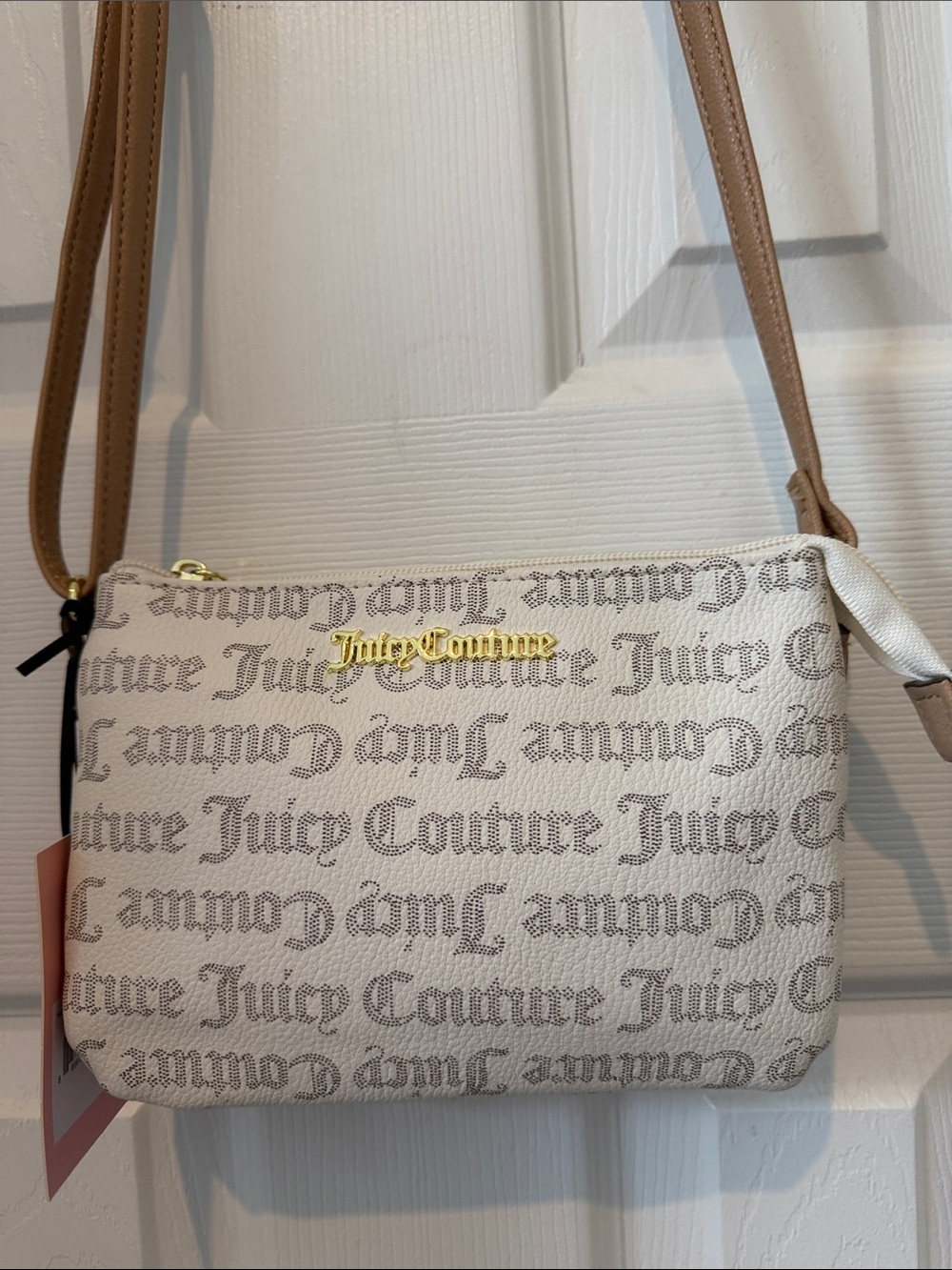Juicy Couture Cream Logo Crossbody with Tan Strap
